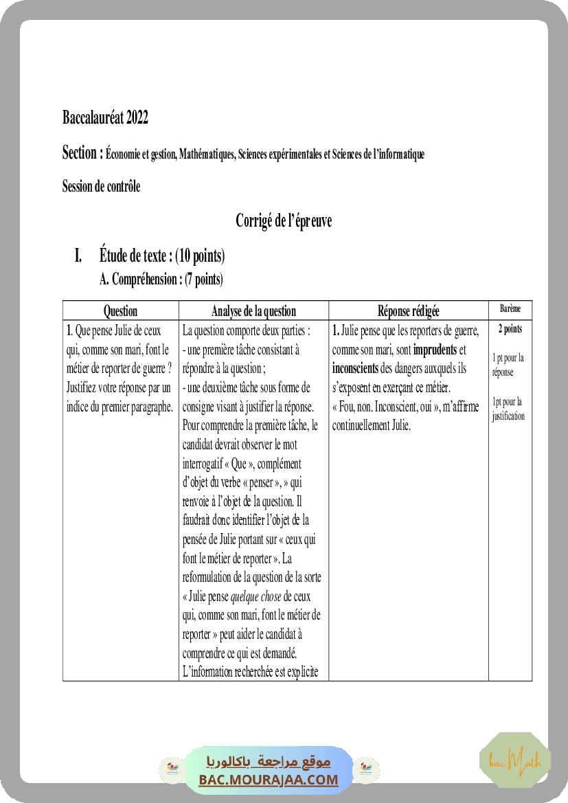 Corrigé controle francais Bac 2022 – Section math